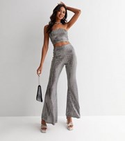 Pink Vanilla Silver Sequin High Waist Flared Trousers